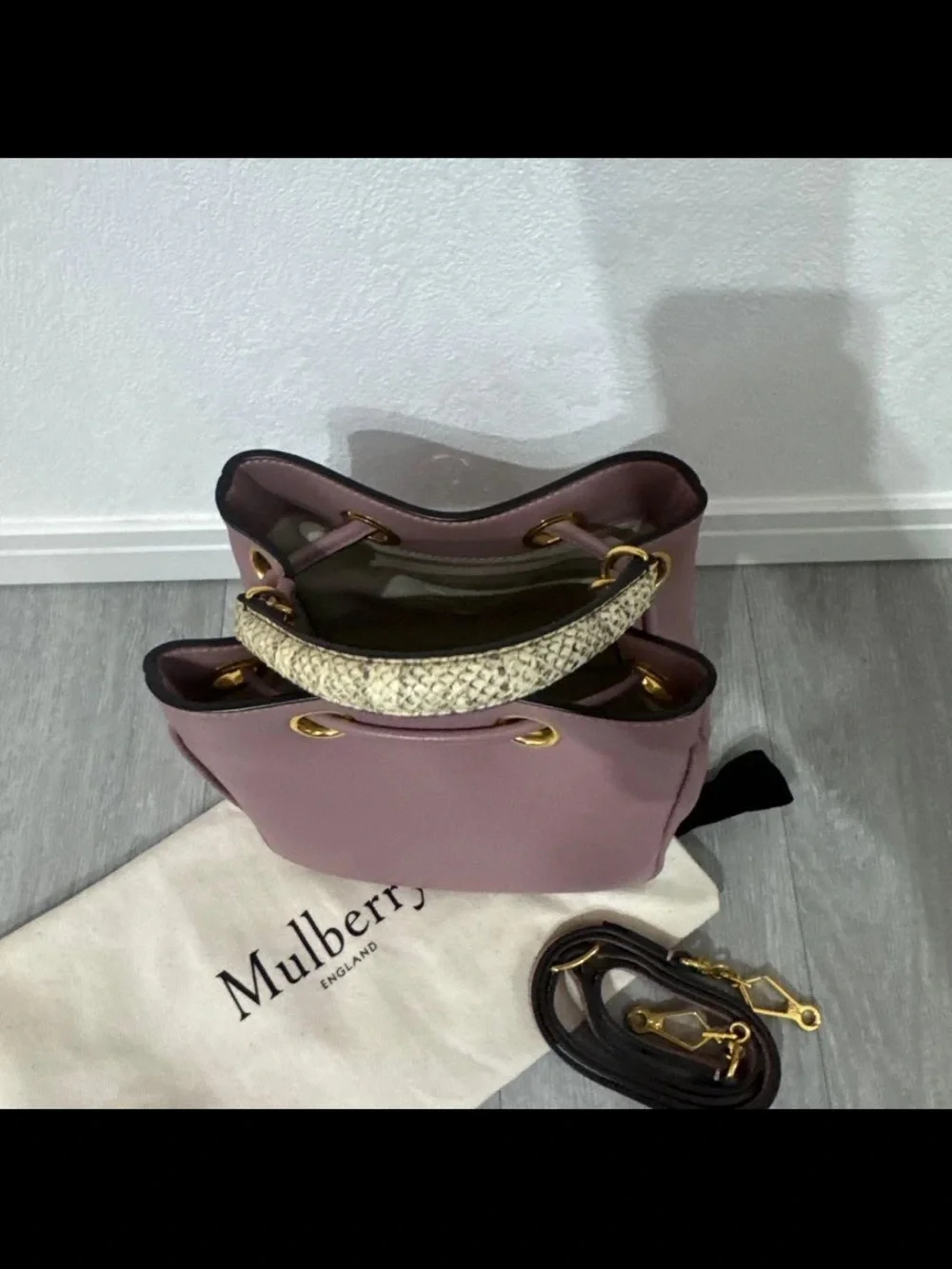 Mulberry Mauve Leather Drawstring Bucket Bag with Braided Handle
